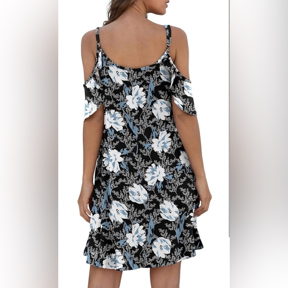 Floral Cold Shoulder Dress in Black/Blue/White Size Large - Picture 9 of 9